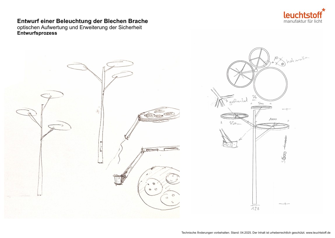 Planung und Proportionsskizze der floralen Mastleuchte TheO Tree