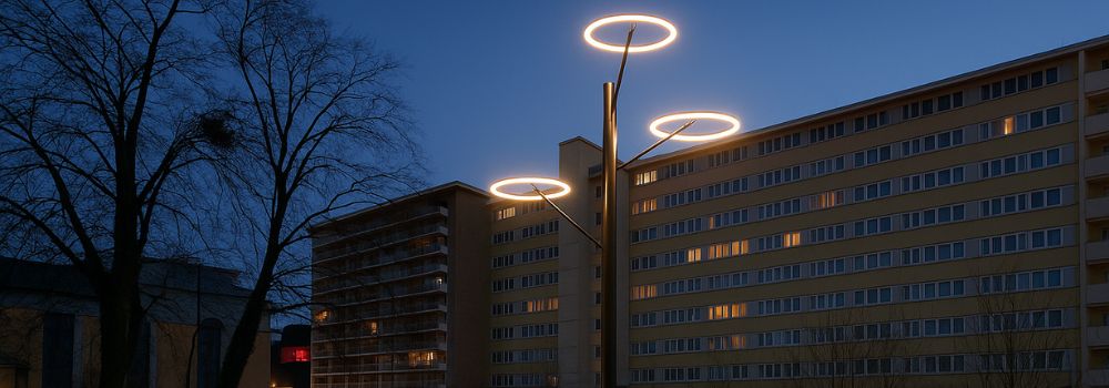Skulpturale Außenleuchte TheO Tree mit ringförmigen Leuchtelementen